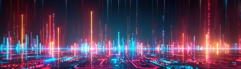 Futuristic digital cityscape with neon lights and glowing data streams, showcasing technology and innovation. Perfect for tech and digital concepts.