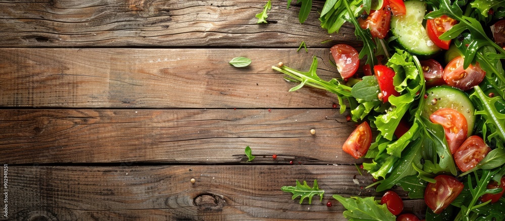 Poster a rustic wooden backdrop enhances a vibrant vegetable salad with empty space for text or other eleme