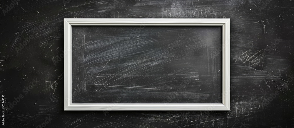 Poster long banner with a white rectangular frame on a textured blackboard background containing a copy spa