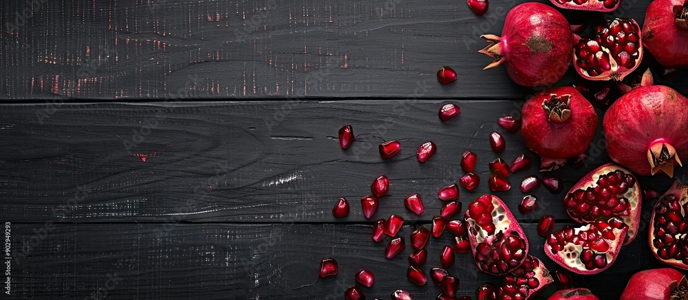 Aufkleber top view of a heap of sliced pomegranate on a sleek dark wooden surface with copy space image