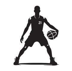 A black and white picture of a basketball player with the ball in his hand silhouette  