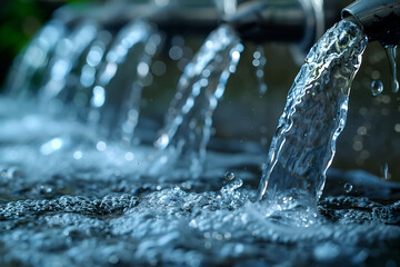 Purified water with splashes dynamically flows from faucets and fills reservoir for industrial use close up. Concept of water purification actions