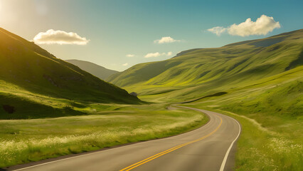 Summer landscape in a Hilly Region Sunny Day Outdoors with Clouds and Clear Blue Sky