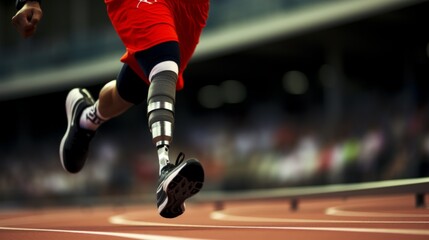 Fototapeta premium Athlete with prosthetic leg running on track, sports competition inspiration, prosthesis, motivation, speed, athletic event, sport, inspiring concept