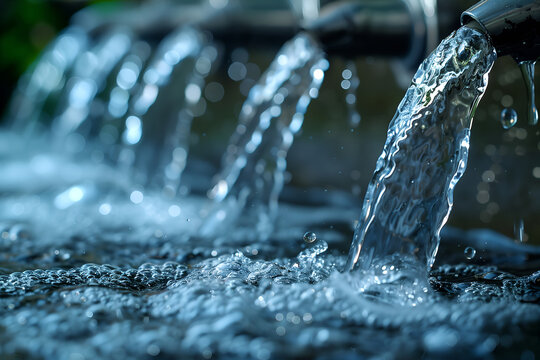 Purified water with splashes dynamically flows from faucets and fills reservoir for industrial use close up. Concept of water purification actions
