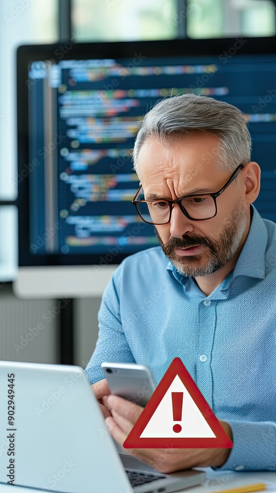 Aufkleber a professional appears anxious while checking a warning message on his phone, surrounded by coding s