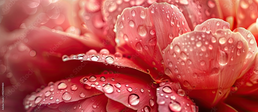 Poster Macro shot of coral red peony petals with water drops creating a textured background for your design with copy space image