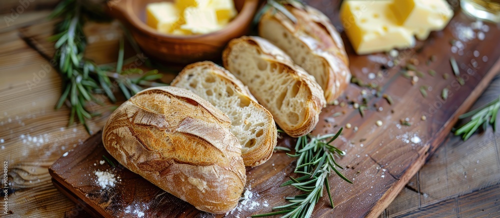Aufkleber Rustic wooden board featuring fresh bread slices butter and rosemary on a soft background with copy space image