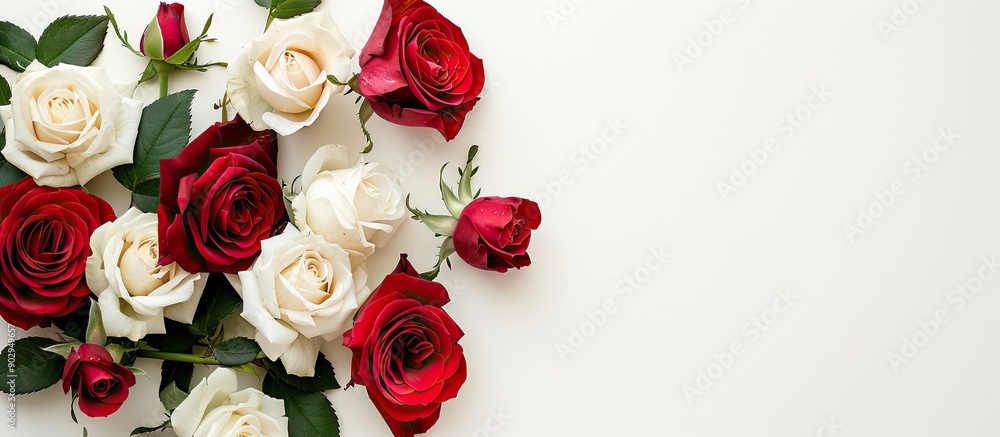 Poster Isolated red and white roses on a white backdrop with copy space image