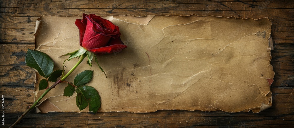Aufkleber vintage note paper with a red rose on a wooden desk with a grainy texture providing a copy space ima