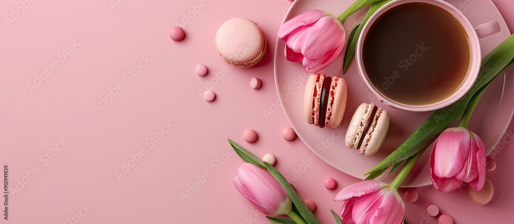 Aufkleber pink tulip bouquet coffee and macaroons on pink backdrop create an anniversary celebration theme wit