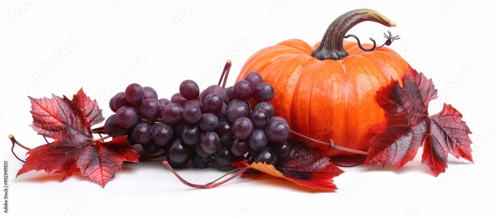 Poster Isolated on a white backdrop a vibrant composition of a pumpkin and red grape leaves creates an elegant copy space image