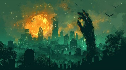 Obraz premium Eerie Nighttime Cityscape Under a Full Moon With a Rising Zombie Hand