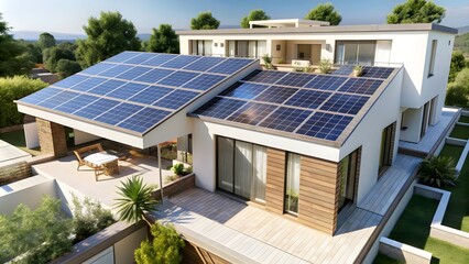 Solar panels on the roof of a modern house, Sustainable and clean energy at home .Generative AI