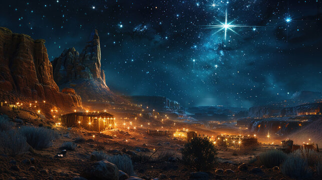 The Star of Bethlehem shining over the stable where Jesus was born.
