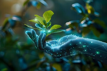 Digital Hand Holding a Sprout in a Green Forest