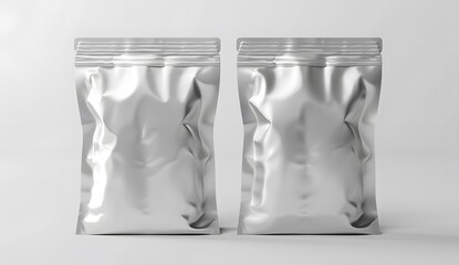 3d render of blank silver foil stand up pouch packaging mockup on white background, front view