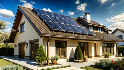 Fototapeta premium Solar panels on the roof of a modern house, Sustainable and clean energy at home .Generative AI