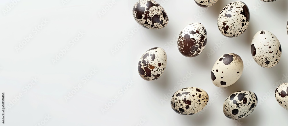 Poster top view of uncooked quail eggs on a white background for a protein rich diet highlighting healthy f