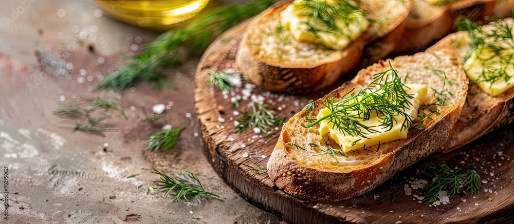 Poster Sliced baguette topped with a spread of butter and dill with a blank space for adding an image. Creative banner. Copyspace image