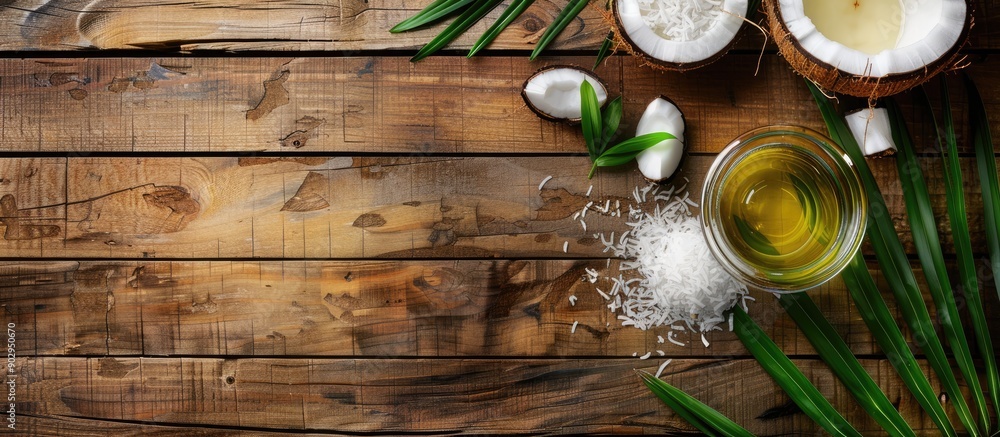Aufkleber Abstract health idea portrayed with coconut oil and components on wooden backdrop with space for inserting images. Creative banner. Copyspace image