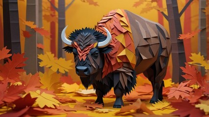 A bison stands in an autumn-colored forest with a strong and contemplative pose.