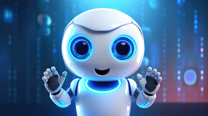 Cute robot waving with glowing blue eyes and futuristic background