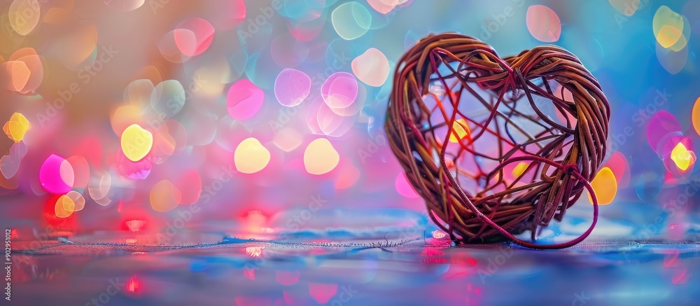 Poster heart shaped wicker made of rattan symbolizing love set against a colorfully foiled background with 