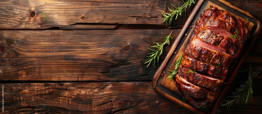 Poster rustic wooden background with a copy space image showcasing succulent roast meat