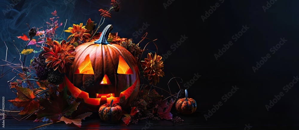 Poster a humorous halloween pumpkin with a fall themed bouquet displayed on a dark background suitable for 