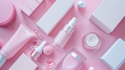 Pink Cosmetic Products on Pink Background Illustration