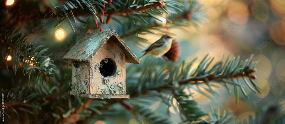 Aufkleber Happy Holidays from a birdhouse nestled in the branches of a Christmas tree with copy space image