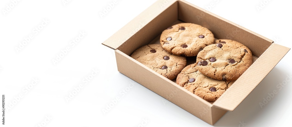 Poster Isolated on a white background a product cardboard package box is available for cookies sweets and candies with mock up copy space image for adding text