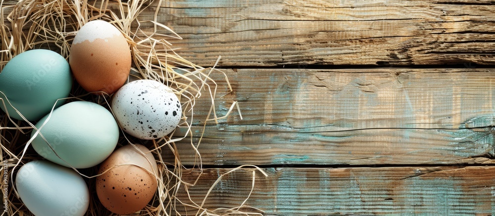 Aufkleber Eggs arranged on a rustic wooden surface creating a charming display with copy space image