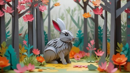 A cute gray bunny in a bright spring forest.