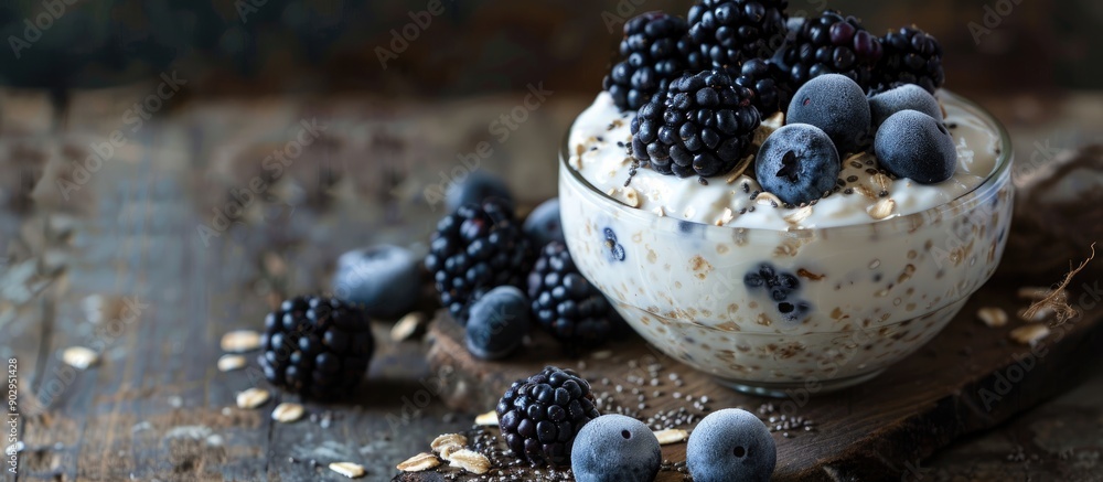 Poster Yogurt topped with oatmeal blueberries blackberries and chia seeds set on a wooden surface in a top down view with a designated copy space image