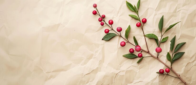 Square craft paper with a stylish touch featuring a small branch of pink pepper tree with fruits against a blank copy space image