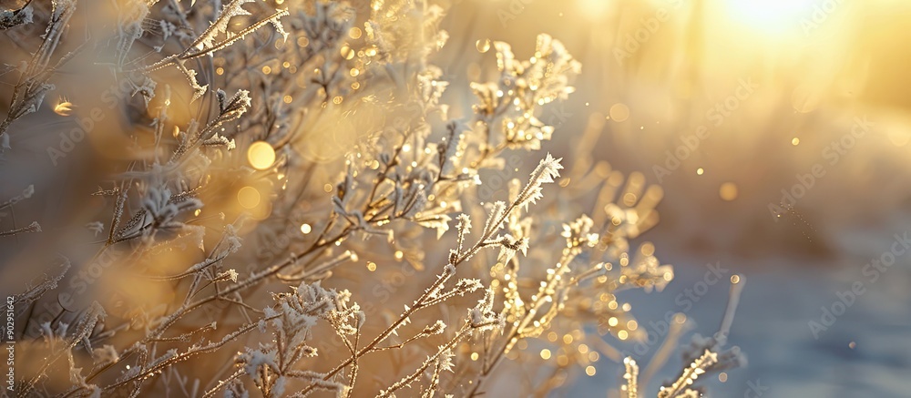 Aufkleber in the evening sun the grass and branches are covered in large crystal like frost creating a serene 