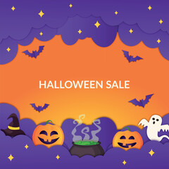 Paper style halloween sale orange and purple banner	
