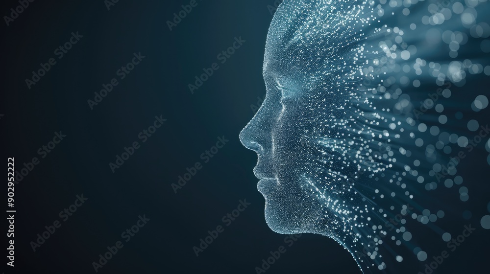 Poster a human face dissolves into a cloud of data particles, illustrating the transformation of identity i