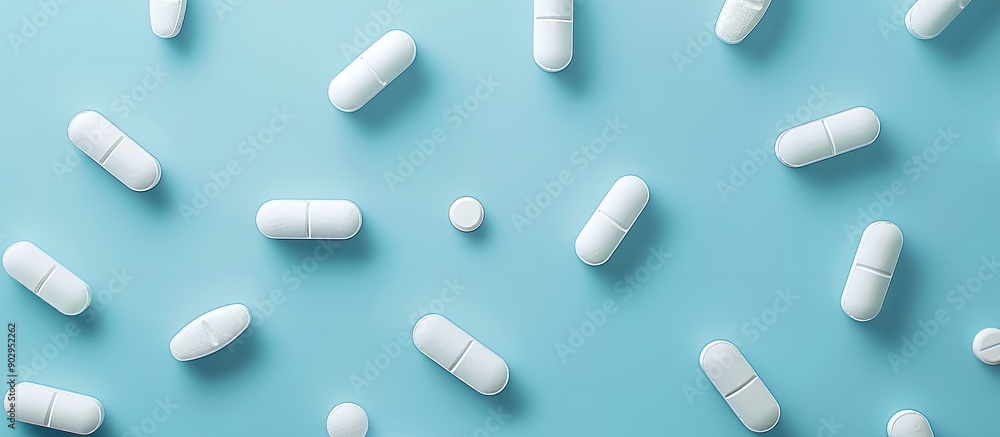 Poster White pills on a soft blue surface with a top down perspective serving as a template for medical and pharmacy concepts providing ample copy space for the image