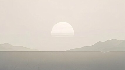 Fototapeta premium Calm and simple background (wallpaper) with delicate texture with mountains, trees, fog, sun, and moon.