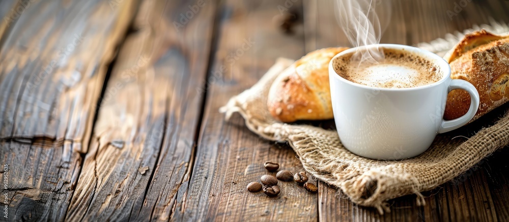 Poster Panoramic banner with a rustic wood background displaying a steaming cup of coffee alongside bread featuring ample copy space image