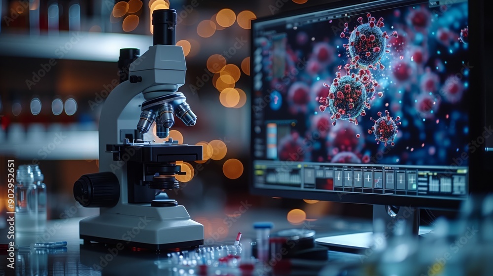 Poster a white traditional microscope sits on a table beside a computer monitor displaying a digital model 