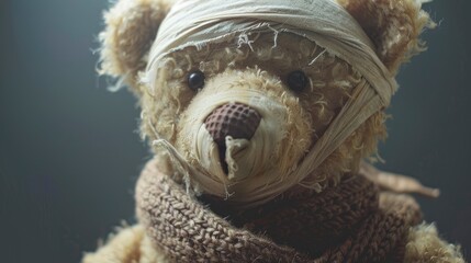 Obraz premium Teddy bear in a gauze bandage on his face , generative ai