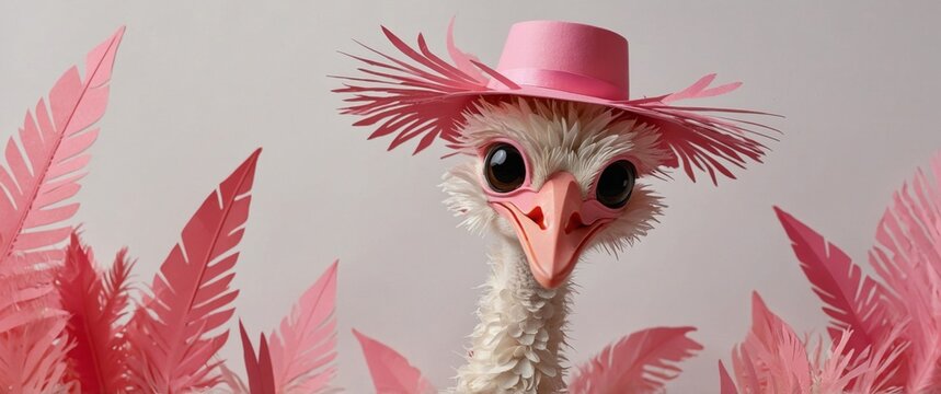 A baby ostrich wearing a pink hat and a pink feather on top of its head.
