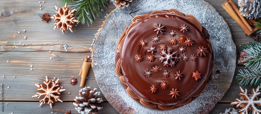 Aufkleber festive christmas cake with chocolate icing displayed on a gray wooden backdrop featuring holiday de