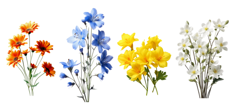 Set of colors various flowers, orange flower, white flower, blue flower and white flower isolated on transparent background.