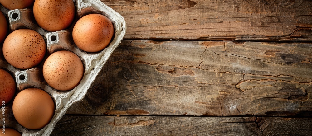Poster an open egg carton containing fresh brown chicken eggs with available copy space in the image