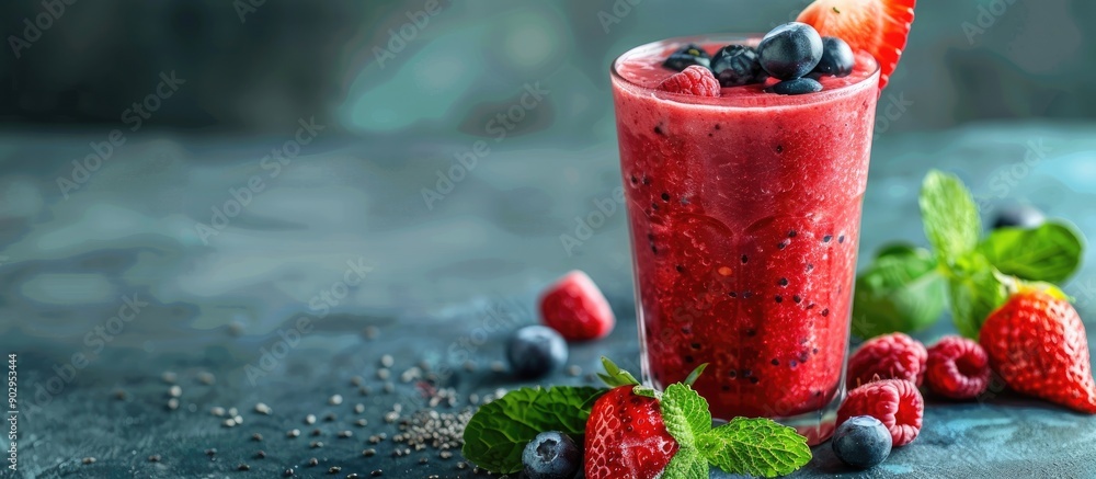 Poster a freshly made fruit smoothie in a glass set against a background with copy space image